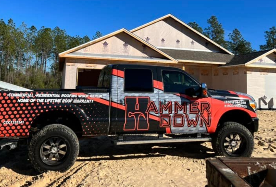 Hammer Down Roofing company truck in Panama City Beach Florida